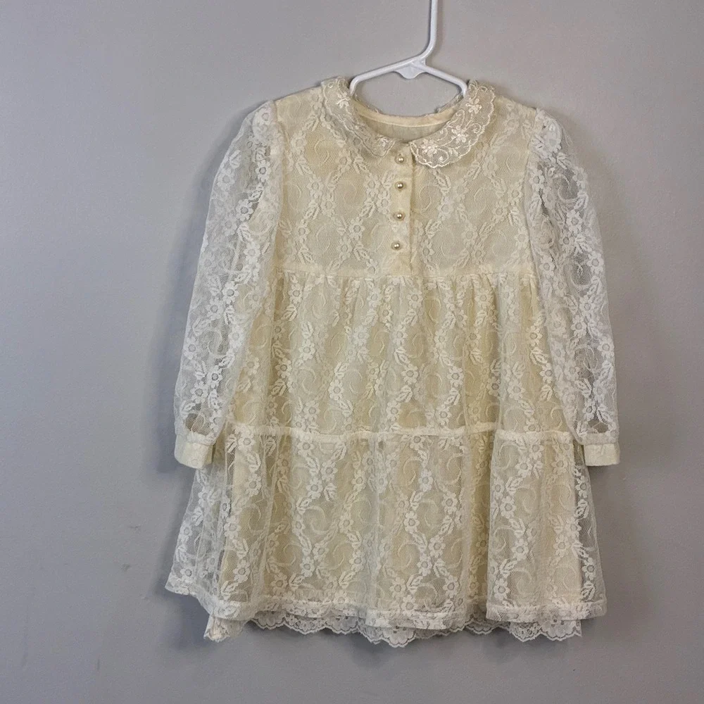 Vintage Little Precious Girls Cream‎ Lace Tiered Dress Size 4T